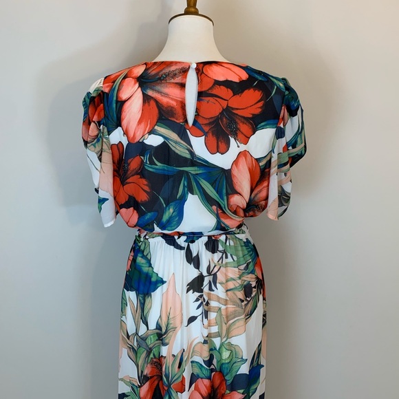 Floral puff sleeves waist tie ruffled midi dress L - Picture 8 of 16